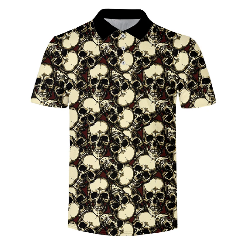 Men's Polo Shirt Stitching Color Print Polo Shirts Men Short-Sleeved Tees Shirt Summer Shirt Man Clothing Ethnic Retro Skull