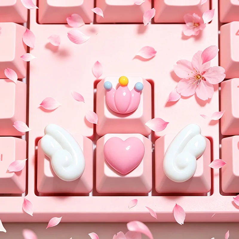 4pcs Pink Mechanical Keyboard Directional Keycaps Cute Wings Love Crowns for Long Nails Manicure Raised White Gaming Keycaps