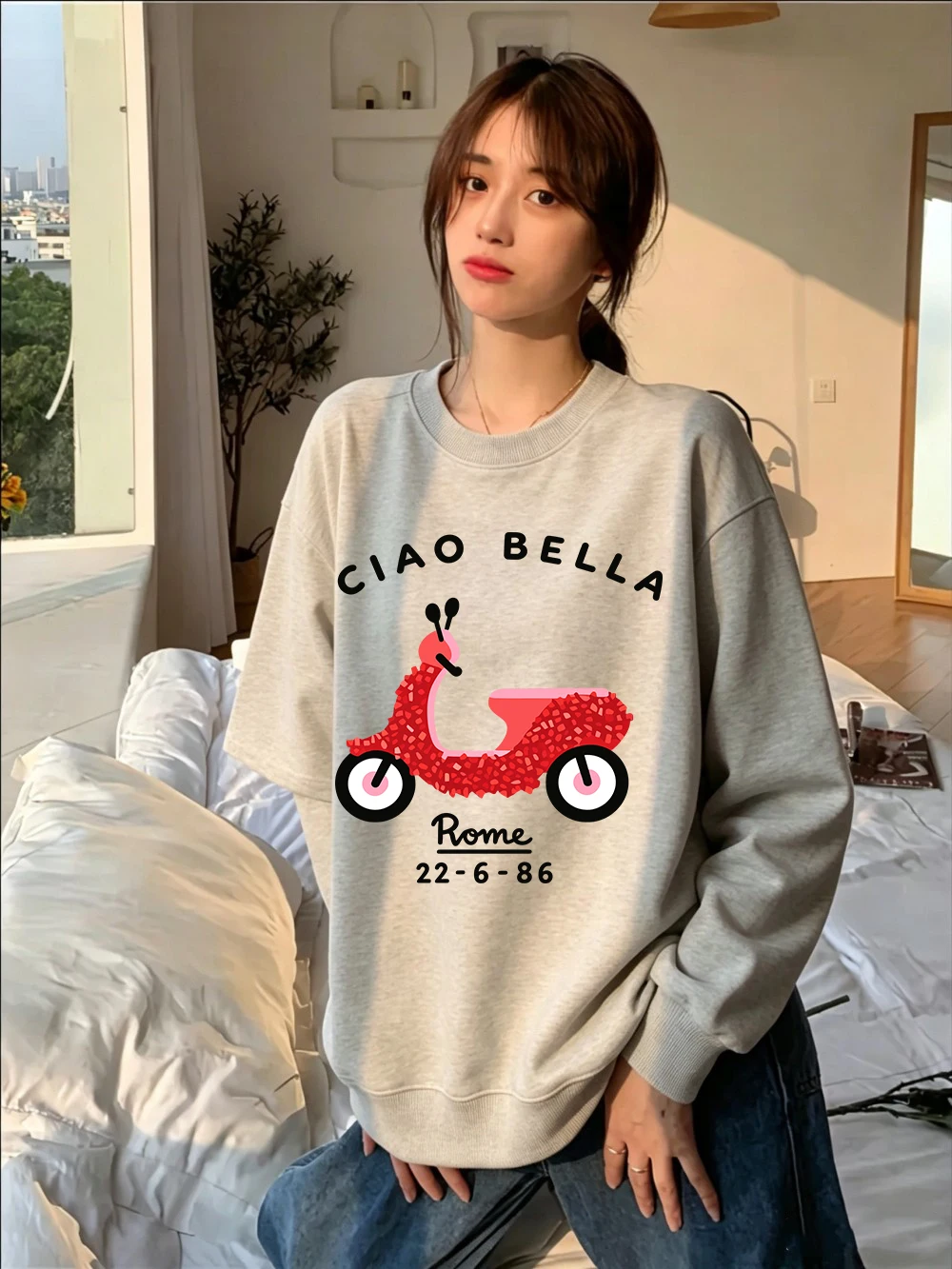Ciao Bella Rome Bedruckte Sweatshirts für Damen, Winter-Fleece, warme Kapuzenpullover, Rundhalsausschnitt, lockere Pullover, Basics, sportliche Damenbekleidung – Detail 13