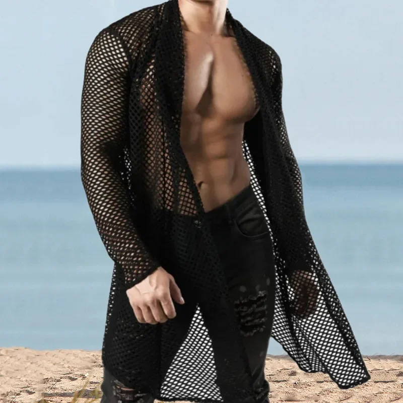 Sexy Male Sexy Hollow Out Knit Long Cardigan Streetwear Men Fashion Perspective Long-sleeved T Shirts Male Beach Vacation Tops