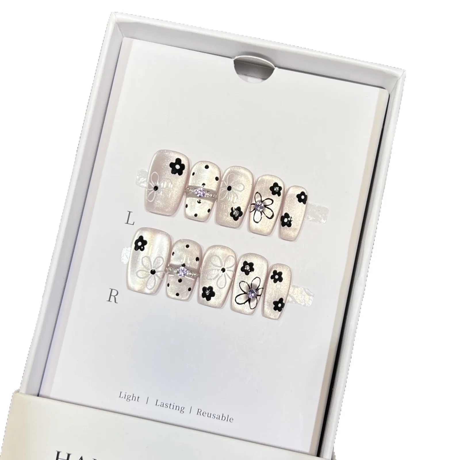 10 قطعة الصحافة اليدوية على الأظافر لطيف الأرجواني وهمية مسمار عين القط حجر الراين تصميم منتصف طول مربع أظافر صناعية يمكن ارتداؤها مسمار الفن #6