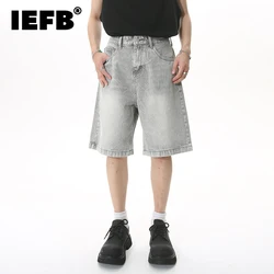 Iefb verão masculino casual jeans shorts solto meados de cintura alta moda na altura do joelho denim calças curtas vintage masculino novo coreano 9a8588