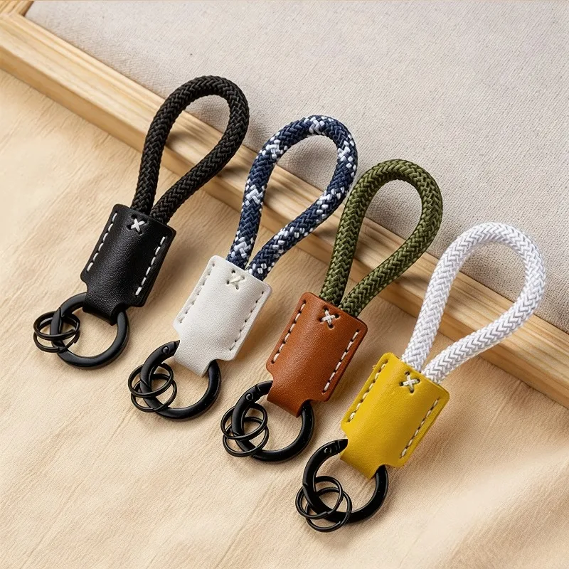 Cowhide Woven Rope Keychain, High Quality Leather Braided Key Ring for Car Keys, Unisex Couple Hand Strap Bag Charm