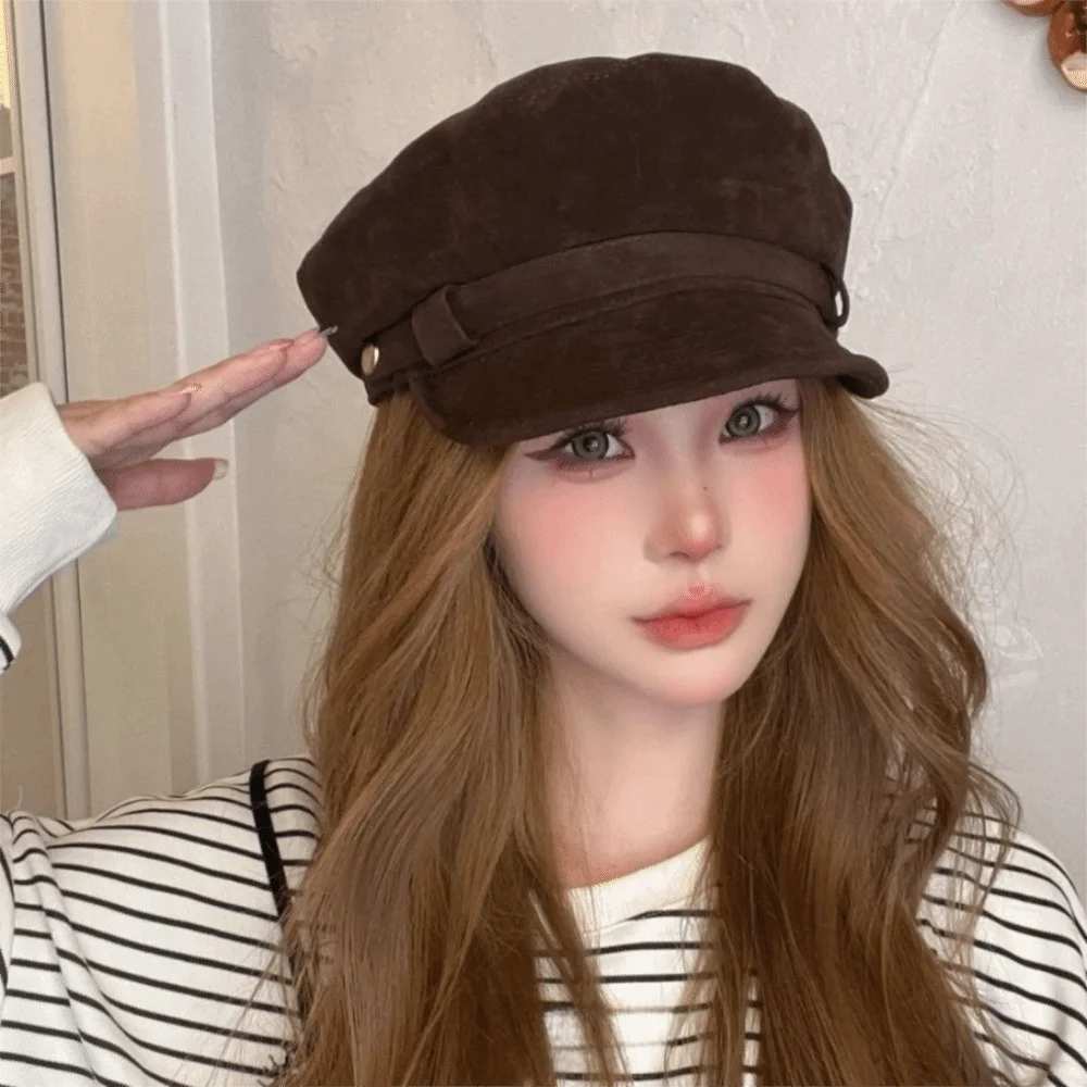 أزياء قصيرة حافة الجلد المدبوغ القبعات الدافئة يندبروف موزع الصحف قبعة الكورية نمط شقة أعلى الرسام قبعة المرأة