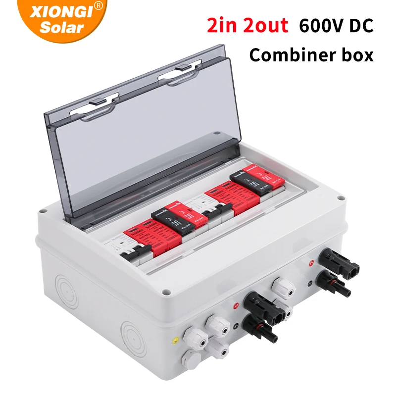 

Solar photovoltaic DC Combiner Box With Lightning Protection 2 input 2 out PV 600V Fuse MCB SPD Outdoor Waterproof Boxes IP65