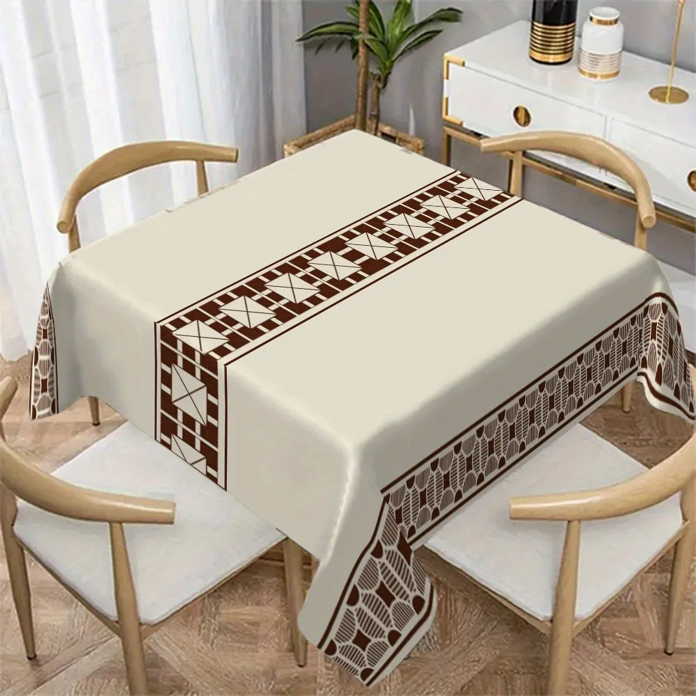 1pc Multi-sized Rectangular Tablecloth - Elegant Retro Khaki Color Tablecloth - With Brown Elementszyc