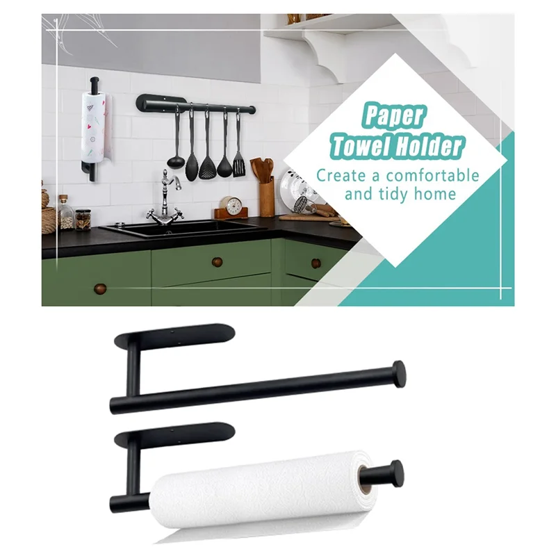 2-pack veelzijdige papieren handdoekhouder, roestvrijstalen zwarte muurbevestiging of zelfklevend, duurzaam, eenvoudig te installeren, eenvoudig te gebruiken