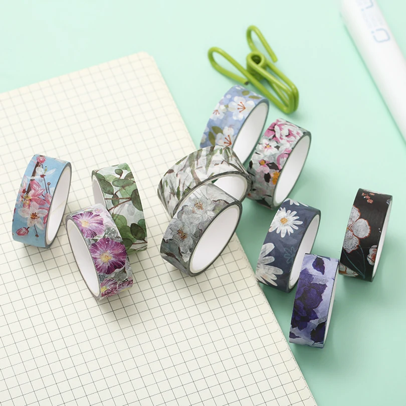 Juego de cintas Washi de flores para álbum de recortes, cinta adhesiva decorativa de 4m, suministros de papelería para diario, 10 rollos
