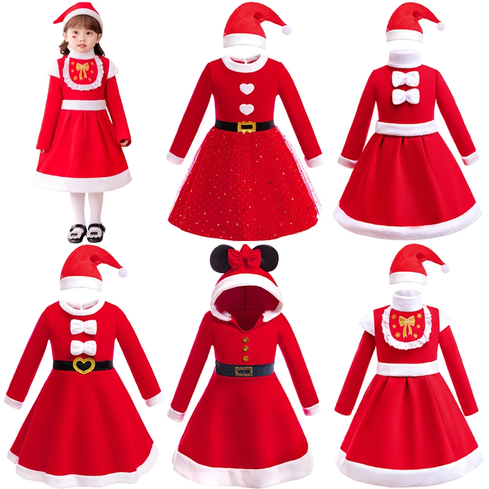 Kids Christmas Fleece Lined Warm Dress Bowknot Red Clothes Girls Xmas Present New Year Carnival Party Children Costume With Hat