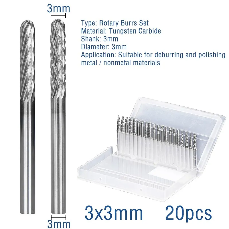 XCAN Tungsten Carbide Rotary Burrs 3x3mm Rotary Tools Accessories Singe Cut and Double Cut Rotary Files