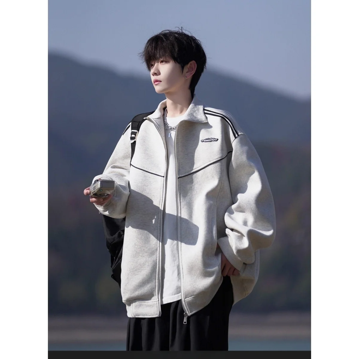 

Мужская толстовка на молнии свободного кроя с боковыми полосками, спортивная, премиум-класса, повседневная верхняя одежда из полиэстера, весна-осень