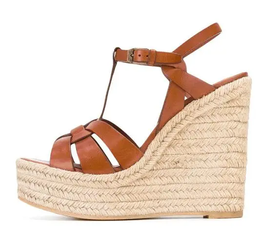 

Moraima Snc Brown Leather Strap Platform Wedge Sandals Summer Rope Braided Ankle Strap Summer Shoes T-strap Gladiator Sandals