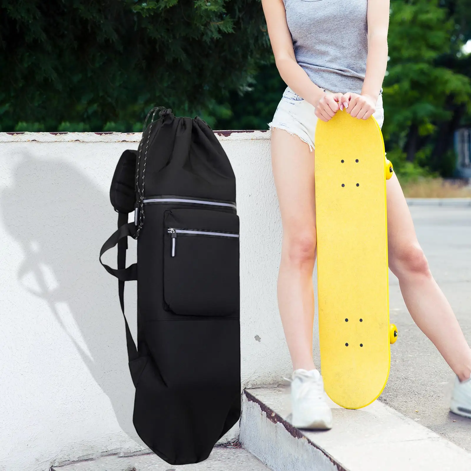 Reflective Skateboard Bag Lightweight Travel Backpack Drawstring Closure for Skating Gear and Yoga Mat Storage