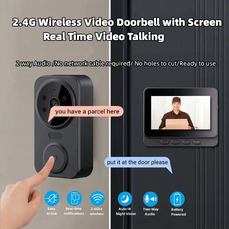 Timbre de vídeo inteligente Tuya, timbre inalámbrico con detección automática de WiFi de 2,4G, batería de 800mAh, cámara HD, pantalla IPS de 4,3 pulgadas, seguridad en el hogar