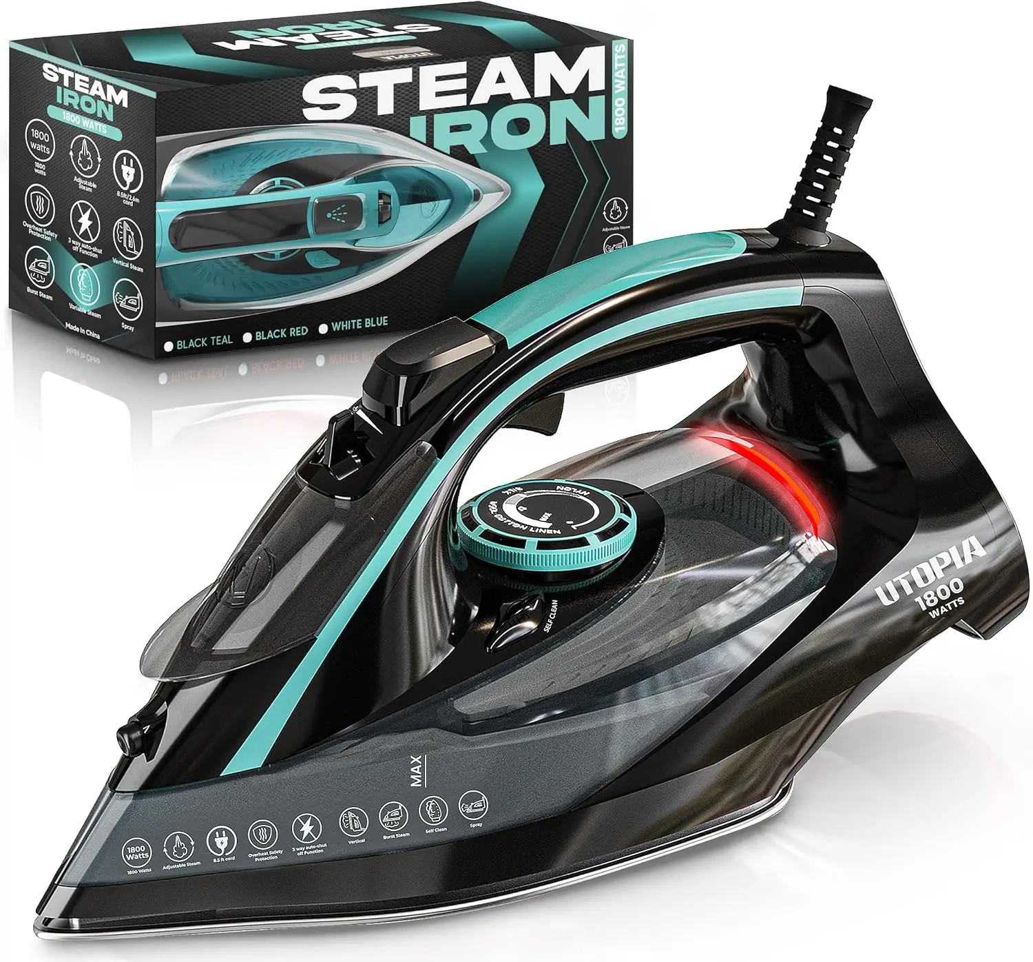 Steam Iron for Clothes - Non-Stick Soleplate - 1800W Clothes Iron With Auto-Off Safety Feature - Adjustable Thermostat