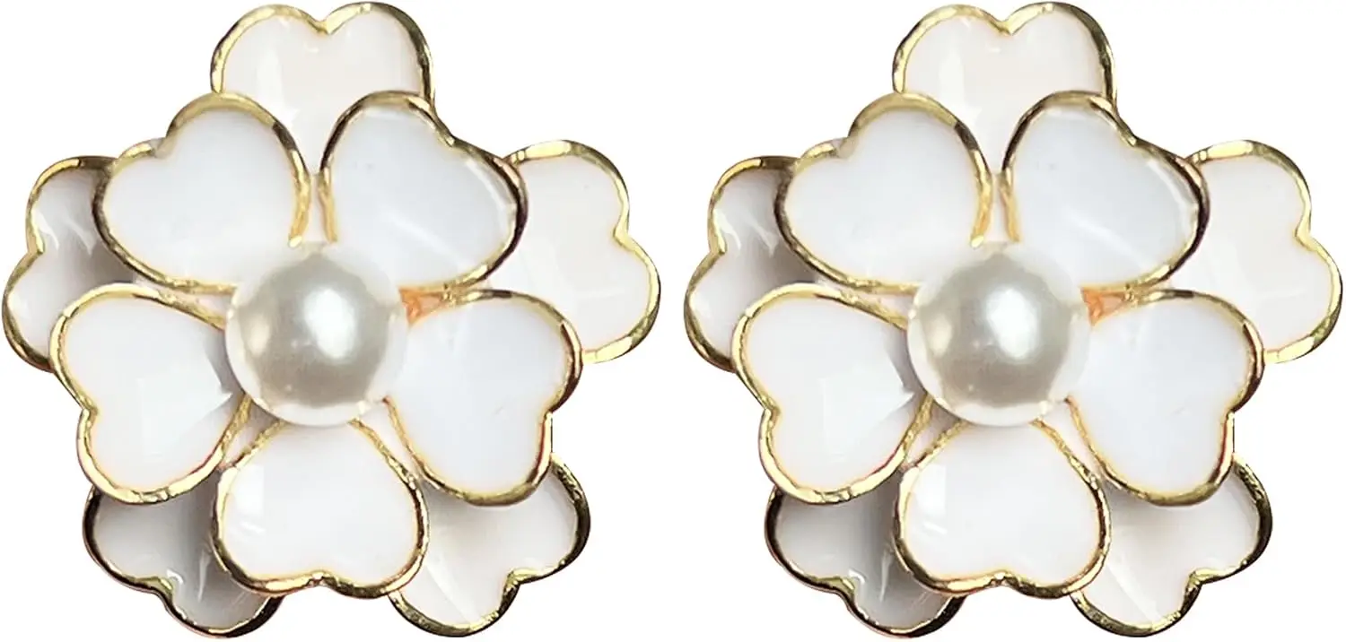 Anmpab Enamel Pearl Rose Flower Stud Earrings for Women Camellia Flower Pearl Earrings Party Jewelry