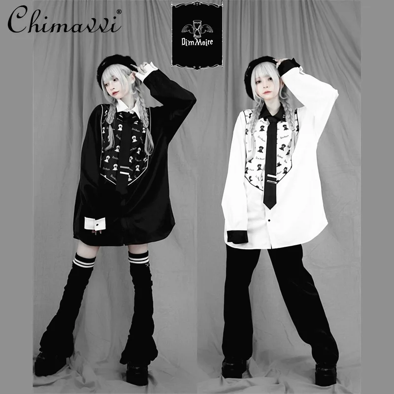 New Japanese Mine Cartoon Print Tie Black and White Long-sleeved Shirt Harajuku Subculture Goth Women's Loose Blouses Camisas