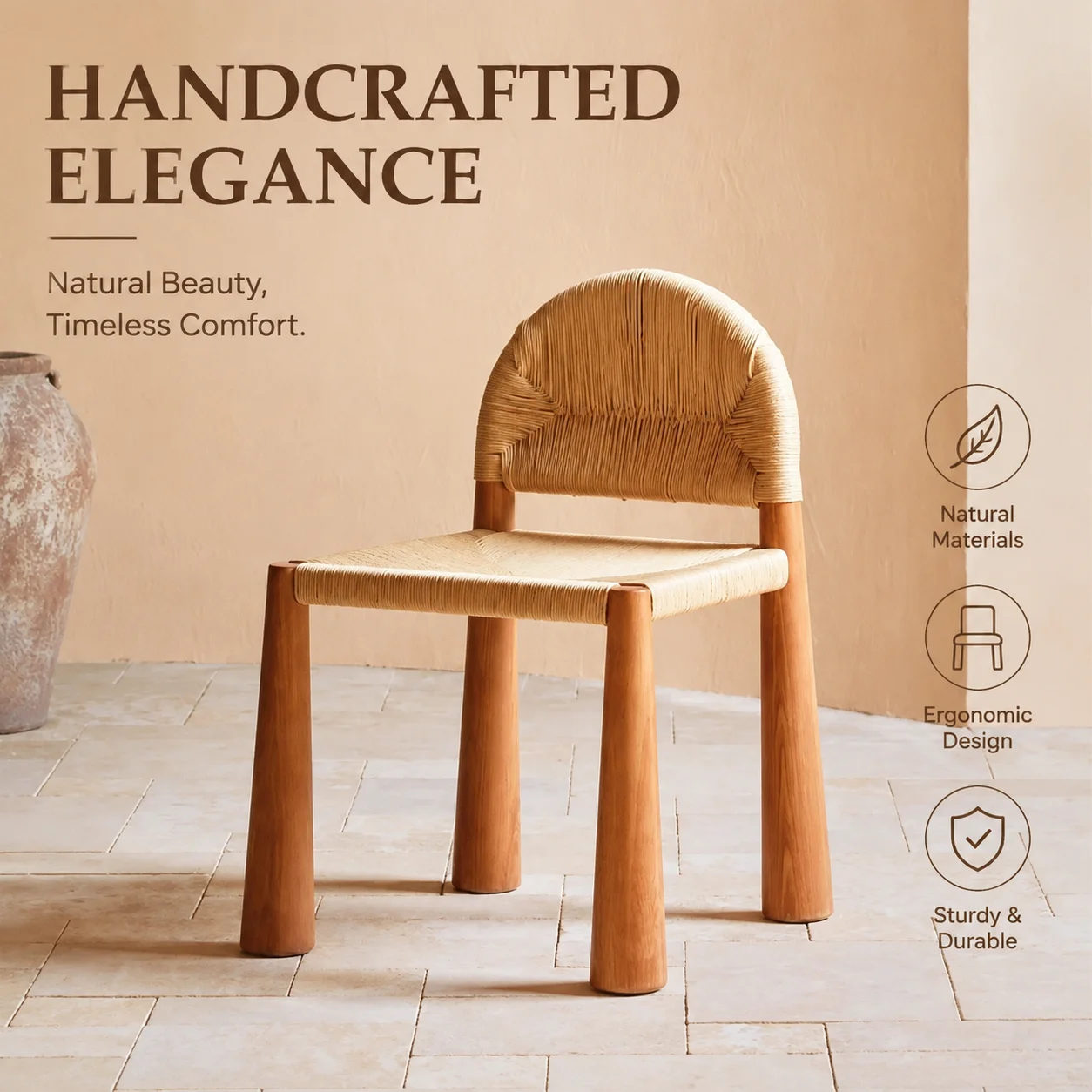 Vintage Woven Rattan Dining Chair – Minimalist Cream Single-Seat with Solid Backrest