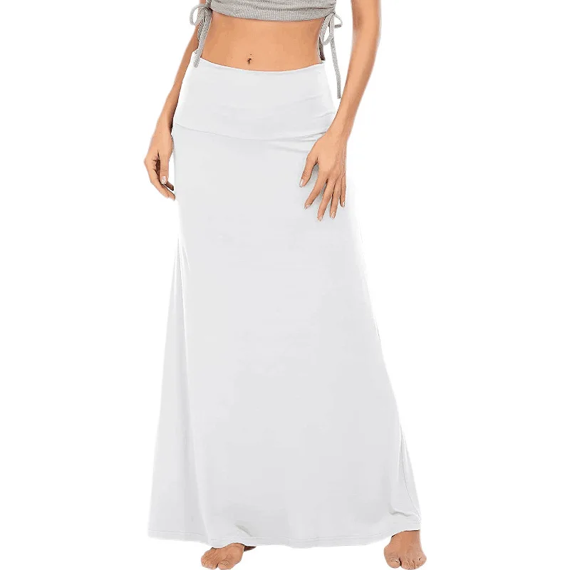 Muslim Long Skirts for Women Solid Color Maxi Skirt High Waist Fold Over Floor Ankle Length Jersey 2024