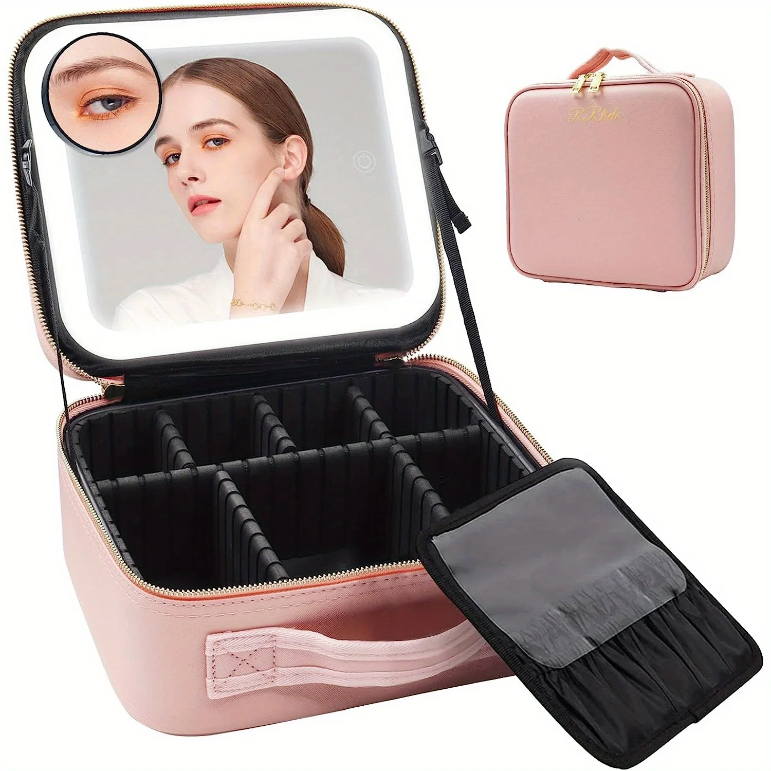 Makeup Bag with Mirror and Light Travel Makeup Train Case Cosmetic Organizer Portable   Bag with Adjustable Dividers Makeup Brus