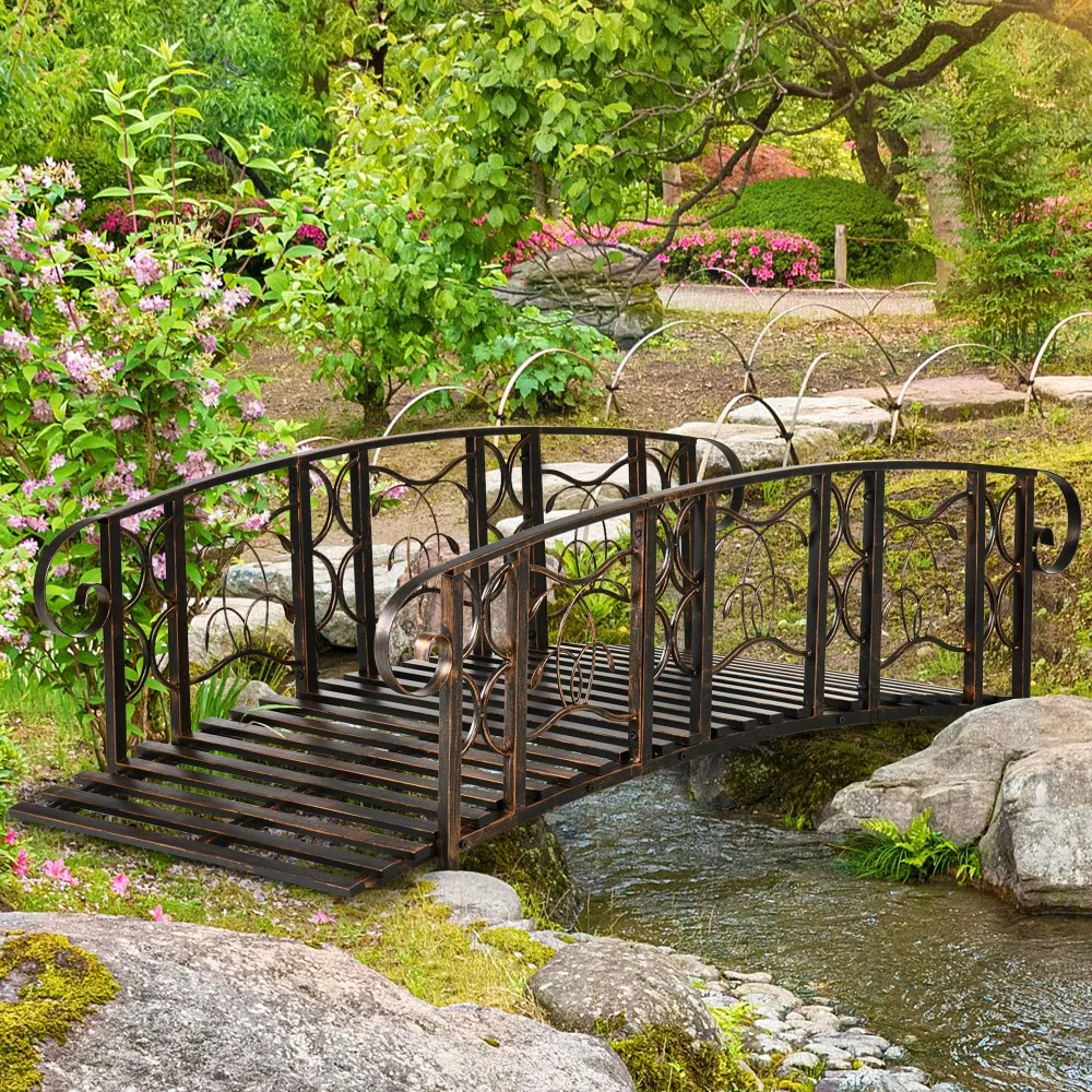 6' Metal Arch Backyard Garden Bridge, Safety Siderails, Easy Assembly for Backyard Creek, Stream