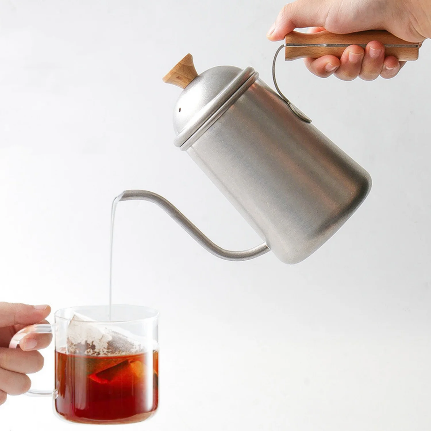 650ml Coffee Pot Hand Brewing Pot Stainless Steel Long Gooseneck Pot with Wooden Handle Coffee Pot Home Hand Brewing Coffee Pot