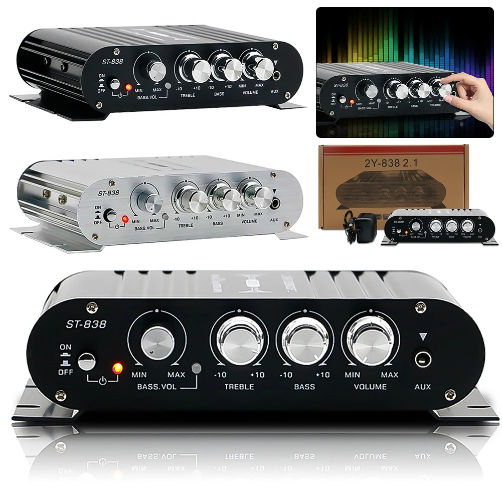 ST-838 HiFi 2.1 canali amplificatore di potenza 80W * 2 Stereo Bass Sound Amp amplificatore Subwoofer 20HZ-20KHZ amplificatore di potenza per auto