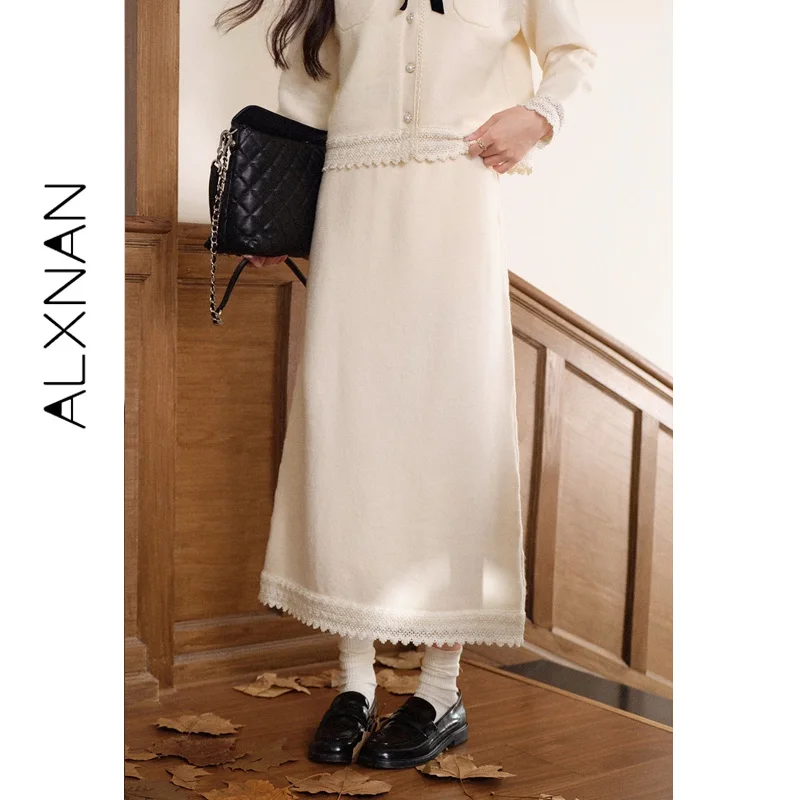 ALXNAN Knit Straight Skirt Lace Trim Bottom Hem High Waist Loose Fit Autumn Winter Elegant Matching Skirt Women DYL663083BQ