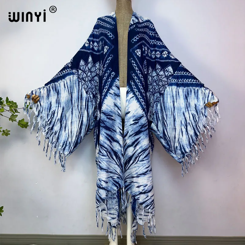 WINYI-Cardigan imprimé tie-dye à franges pour femmes, robe longue, élégante, bohème, ample, plage, natation, cover-up, kimono, été, haute qualité