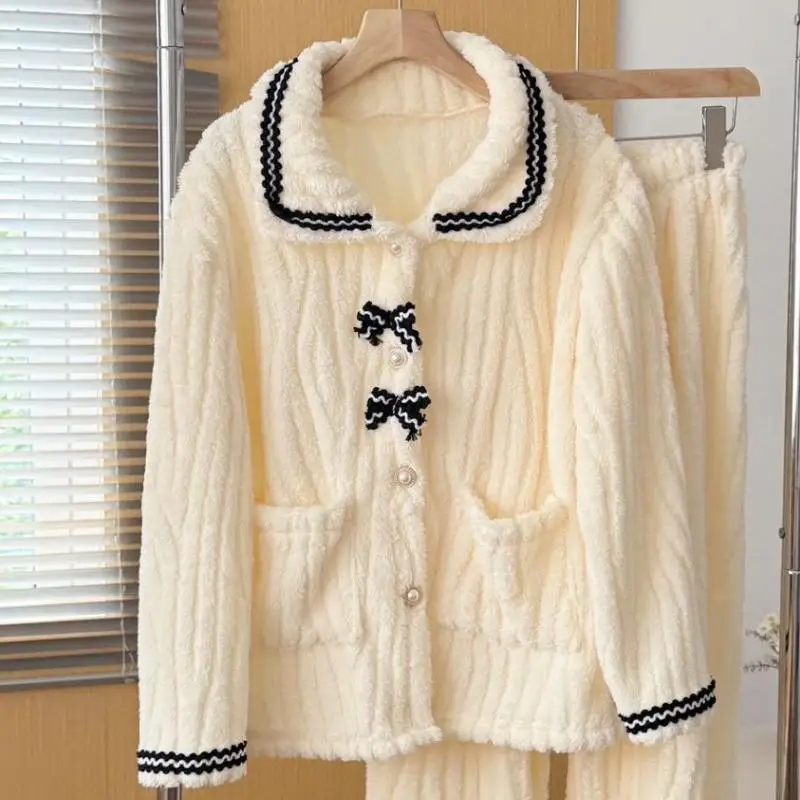 Women's Autumn Winter Coral Fleece Bow Long Sleeved Pajamas Set Women's Home Wear Small Fragrant Style Warm Thick Two-Piece Set