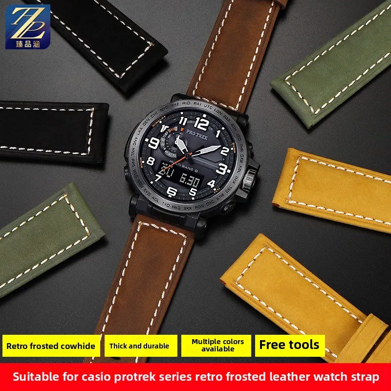 Ltalian Frosted Cowhide Watchband for Casio PROTREK Series PRG-600/PRG-650/PRW-6600 Mountain climbing Sports Watch strap 24mm