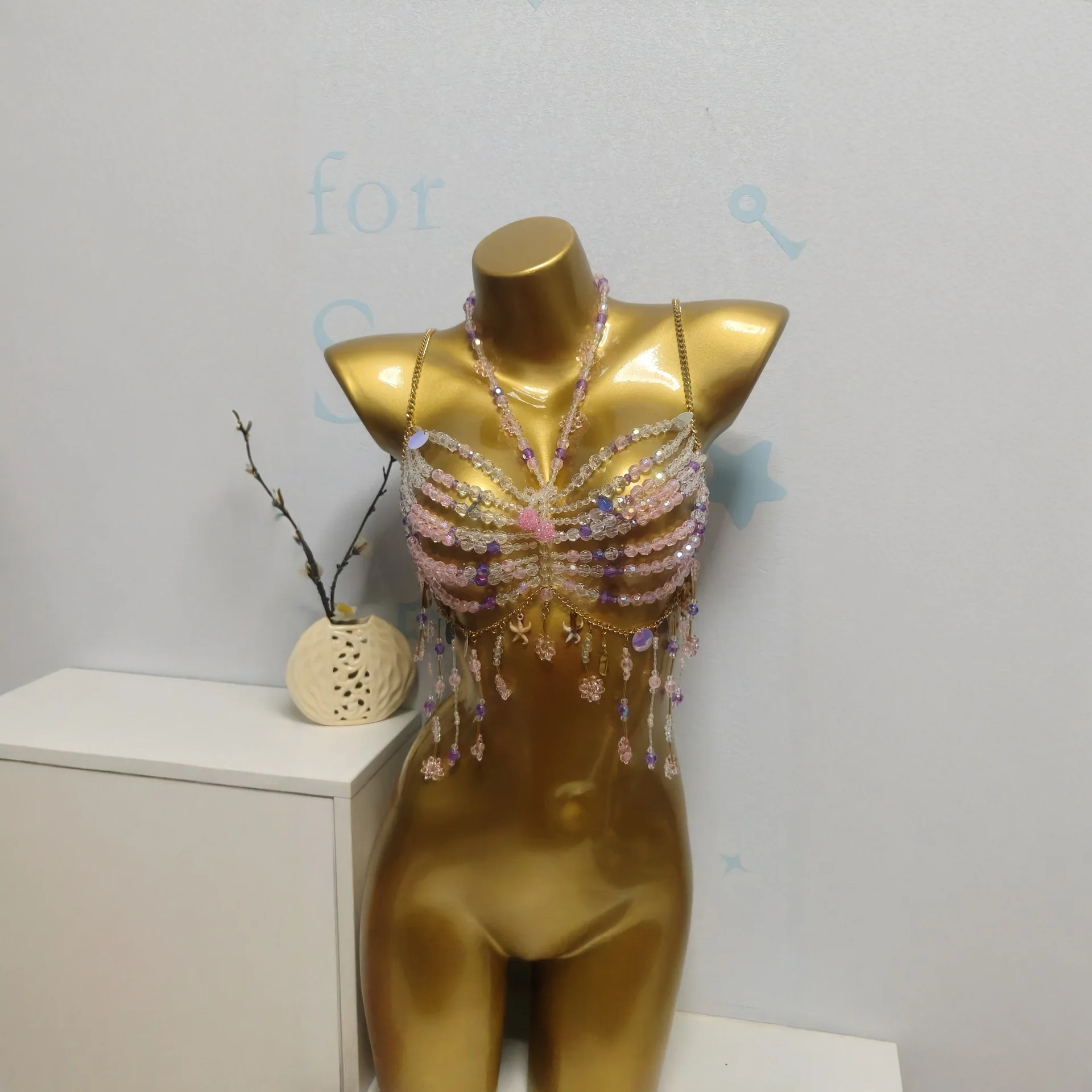 2025 Hand-woven Acrylic Beading Bra Chain for Women Pink Purple Crystal Halter Camis Tops Summer Sexy Tops Tassel Body Jewelry