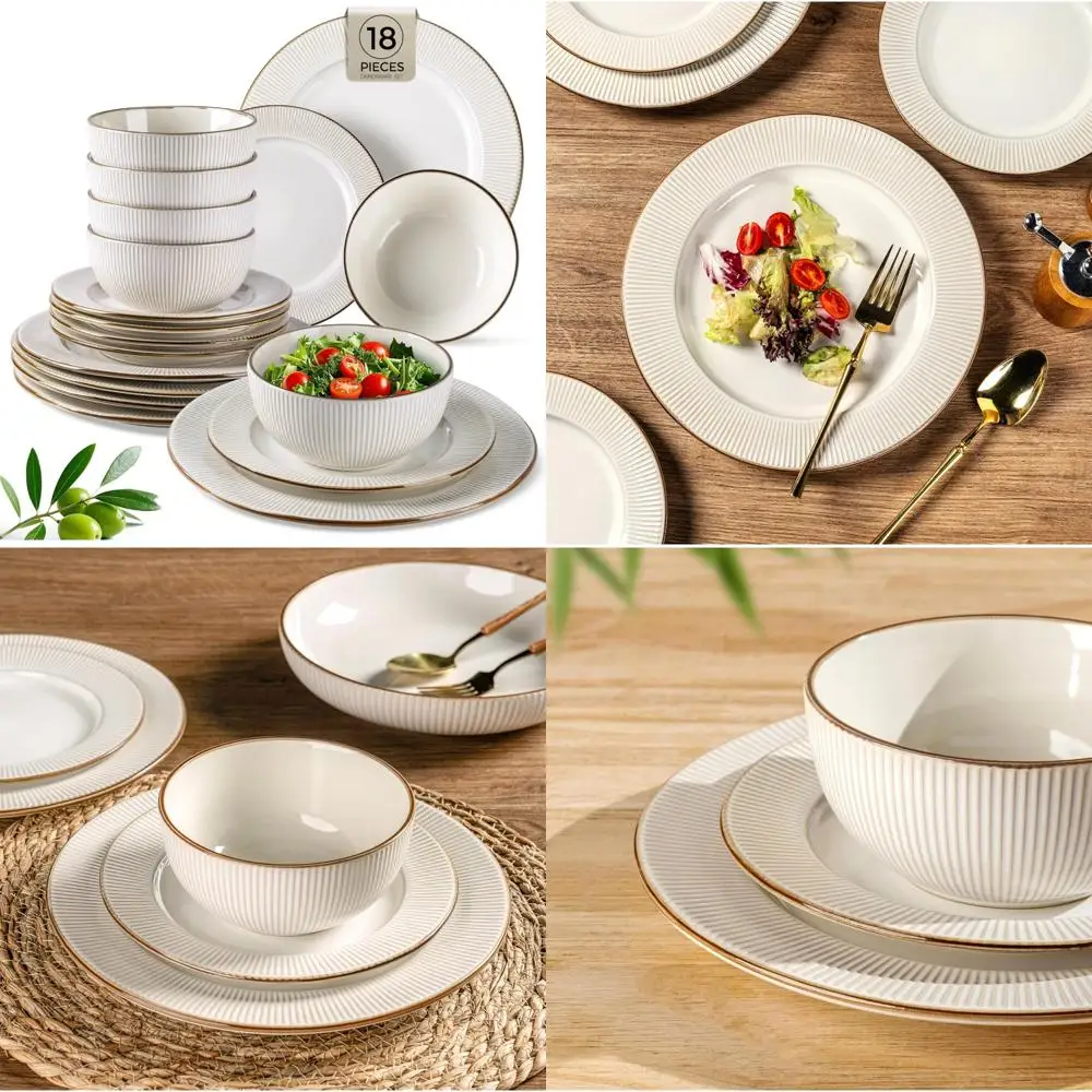 

Elegant Stoneware Dinnerware Set, 18-Piece Embossed Ceramic Plates and Bowls, Perfect for Housewarming and Wedding Gifts, Dishwa