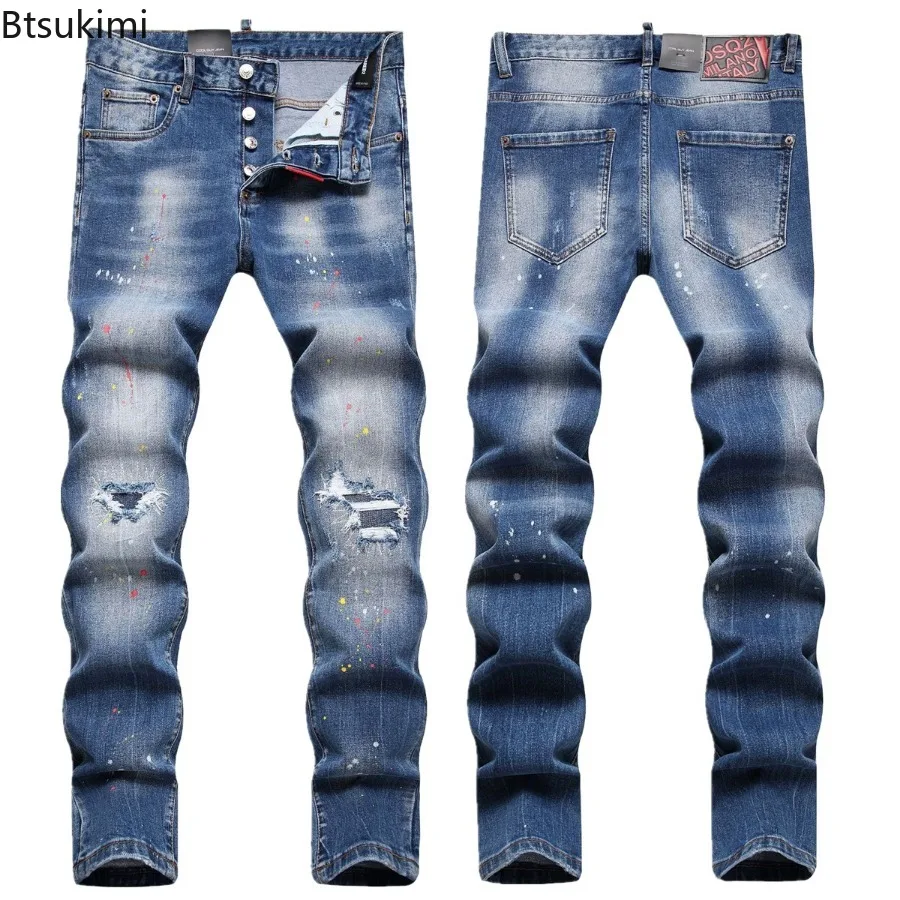 Celana Jeans pria, celana Denim kaki lurus bersaku ramping, celana Jeans kasual serbaguna 2024