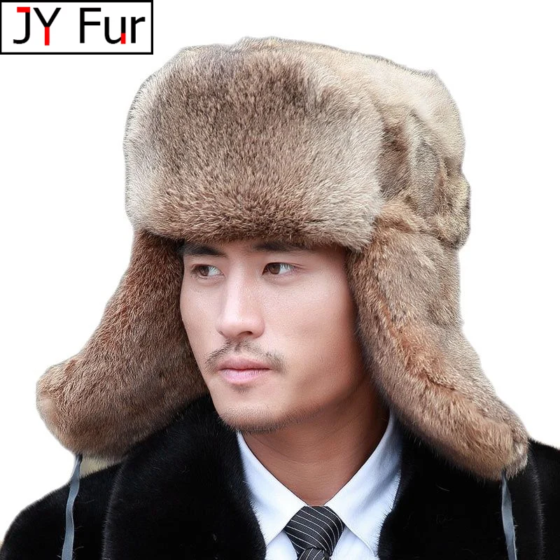 Gorro de bombardero grueso y cálido para hombre, gorros de invierno con orejeras de piel de conejo Real, gorra rusa de esquí de talla grande