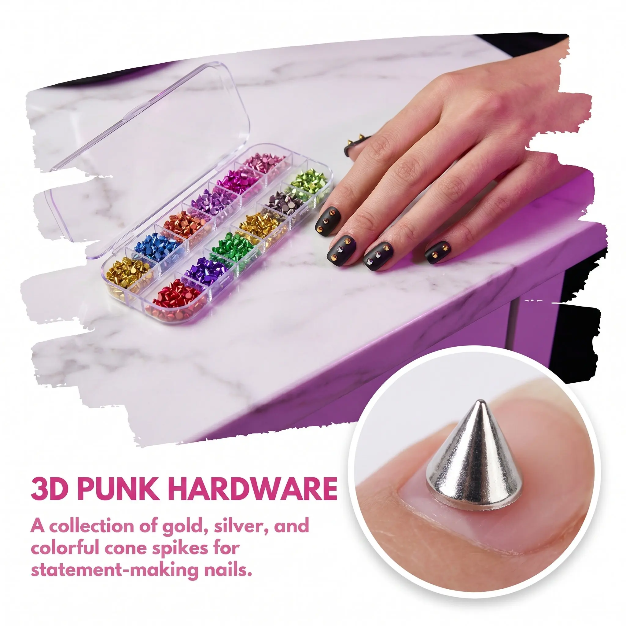 4 Boxes Metal Nail Charms Gold Silver Multi-Color Cone Spike Punk Nail Studs 12-Grid Box Gothic Nails Jewelry Manicure Supplies