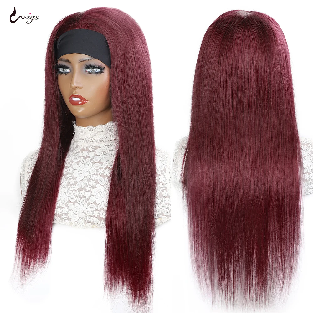 99J Burgundy Headband Wigs Human Hair 250 Density Straight 100% Human Hair Headband Wigs For Women Full Machine Made Colored Wig