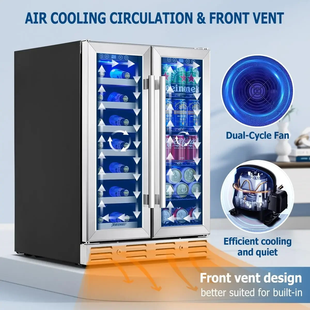 ثلاجة النبيذ والمشروبات، ثلاجة النبيذ مقاس 24 بوصة ذات منطقة مزدوجة تحمل 21 زجاجة و77 علبة، مدمجة في أو تحت العداد