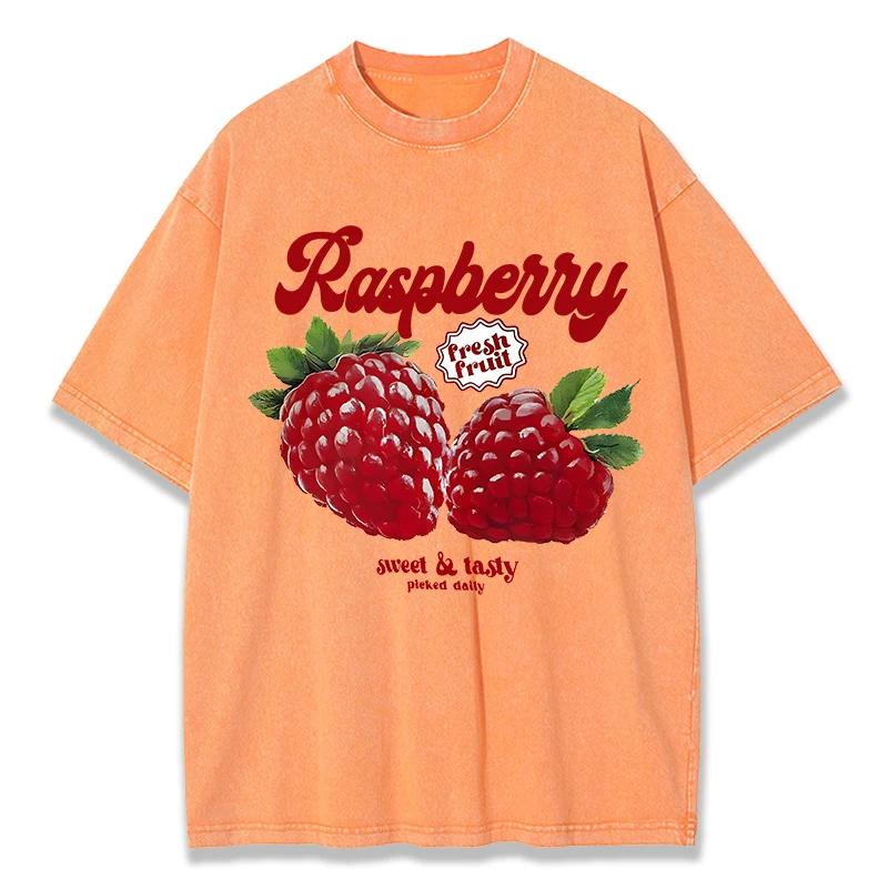 Raspberry Fresh Fruit Printed Washed T-Shirts Women Cotton Tops Comfortable Distressed O-Neck T Shirts Summer Womans Clothes