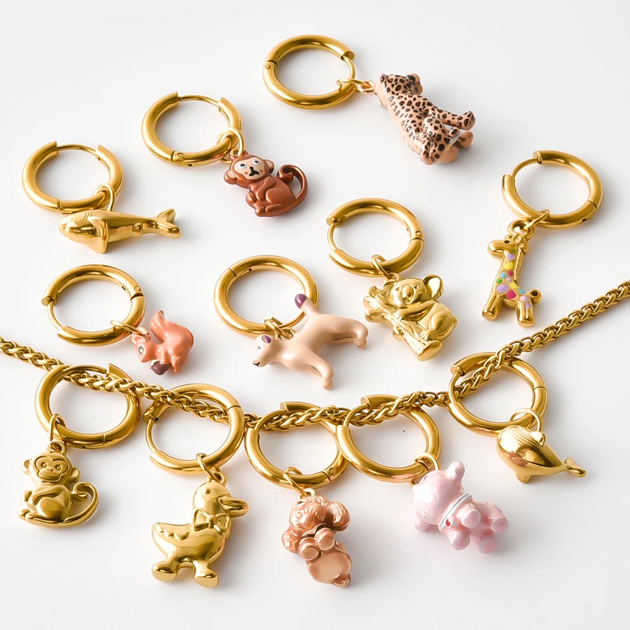 1Pair Cute Enamel Animal Charm Huggie Hoop Earrings 18K Gold Plated Giraffe Monkey Pig Leopard Duck Dog Elephant Jewelry Gift