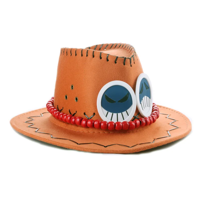 Portgas D Ace Cappello da cowboy cosplay con collana Cappello occidentale in feltro arancione Cappelli per costumi Accessorio per costume di Halloween per cartoni animati anime