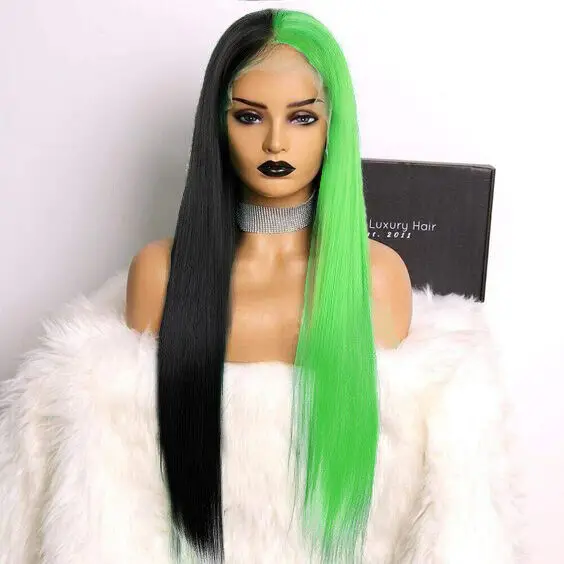 Long Straight Half Green Half Black Lace Front Wig Synthetic Fibe Heat Safe Wigs