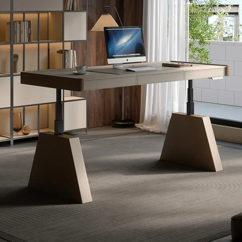 

Smart desk light luxury high-end designer home desk saddle leather electric lifting computer desk