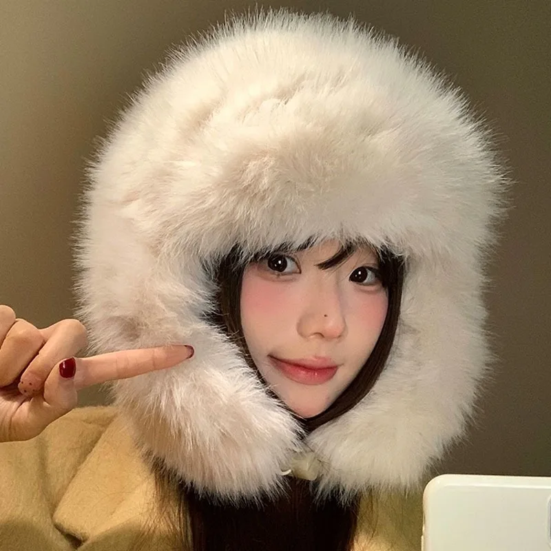 New Thicken Faux Fur Winter Warm Ear Protection Jacket Hat Outdoor Russian Windproof Anti-cold Furry Earflap Hat For Skiing
