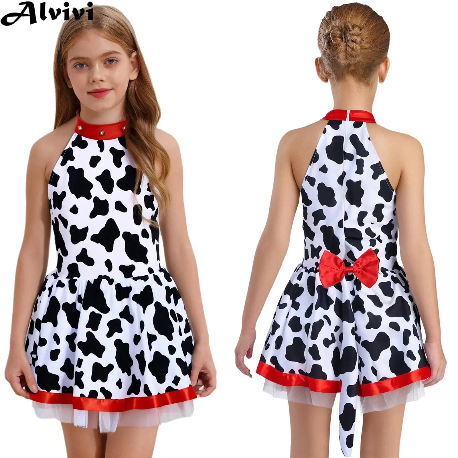 Children Girls Sleeveless Print Mesh Dance Leotard Tutu Dress with Tail Halloween Party Dalmatians Spotted Dog Cosplay Costume
