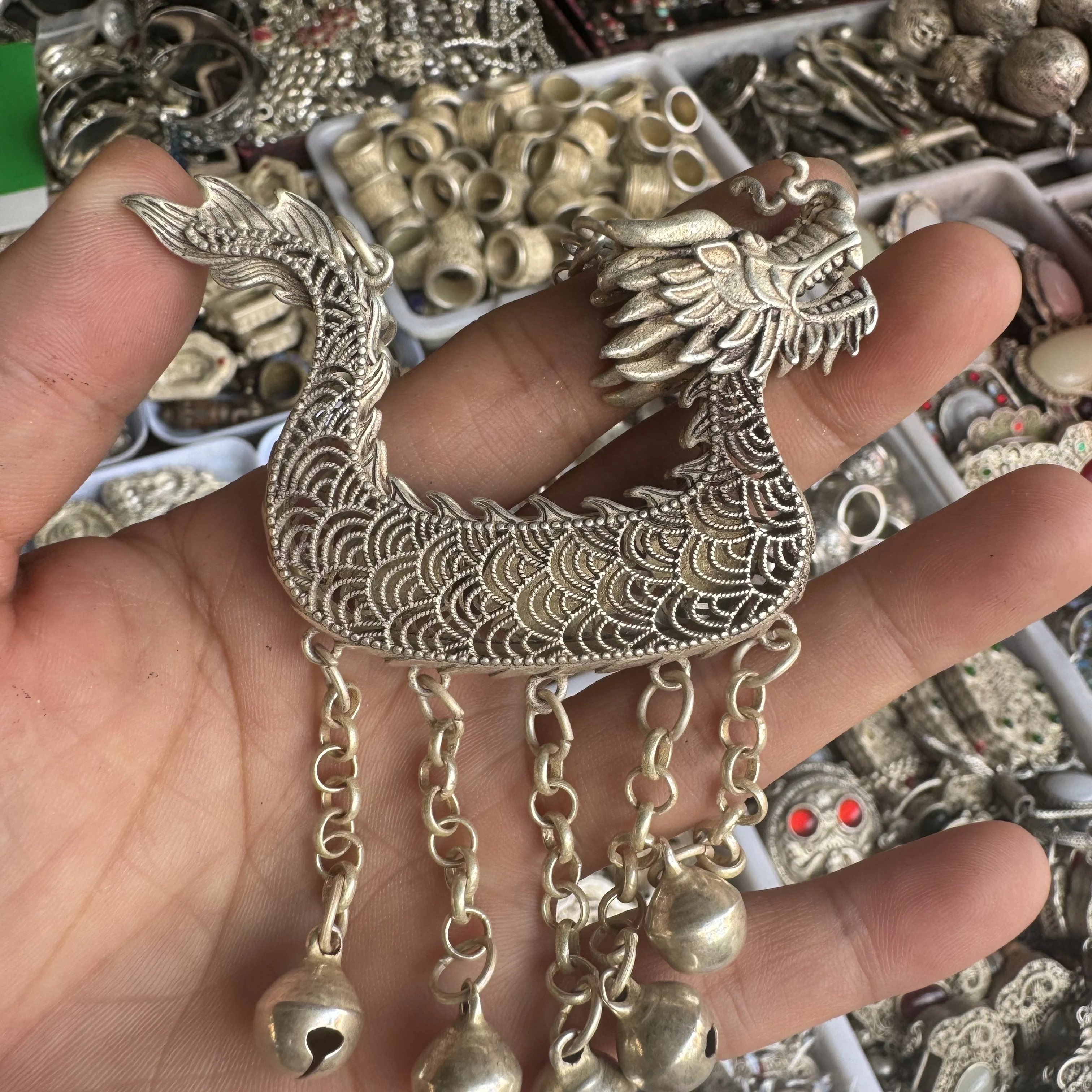 Replica Qianlong Copper Padlock, Antique Dragon Boat Design Inlaid Green Beads Chinese Vintage Collectible Curio Ornament