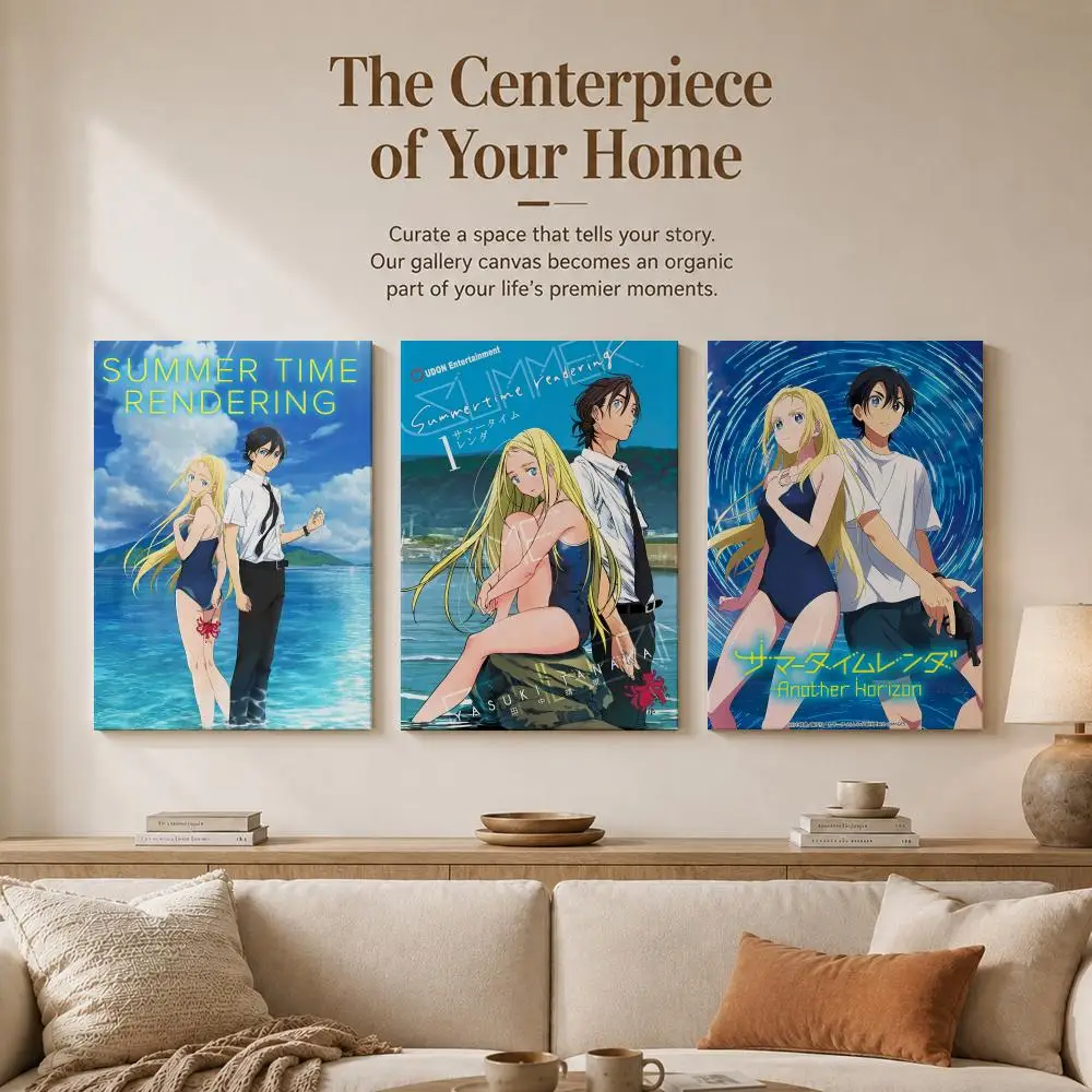 Anime Summer Time Rendering Framed Wall Painting Wood Canvas Poster For Living Room Bedroom Hallway Office Home Decor Gift
