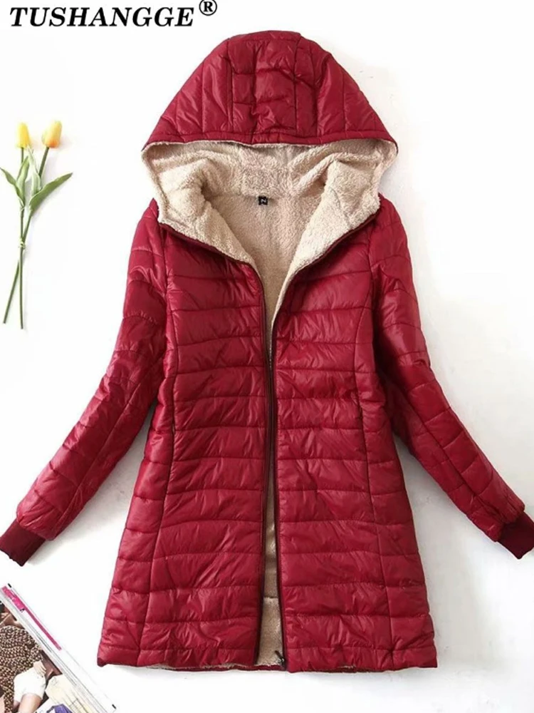 New Mid Length Korean Edition Hooded Fit Women Jackets Autumn Winter Mid-length Office Cotton Coats Warm Lamb Fleece Parkas