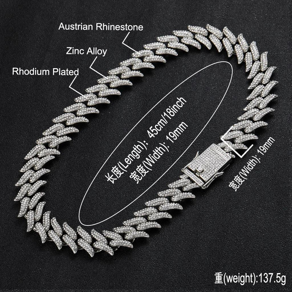 Hot Selling Alloy Hip-hop 19mm Miami Cuban Link Chain Trendy Men's Diamond Necklace Crystal Cuban Link