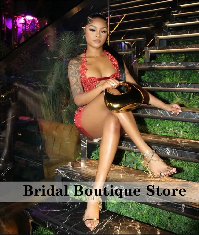 Sexy Black Short Prom Dress For Black Girls Cocktail Dress Bead Diamonds Crystals Halter Birthday Dress Customized